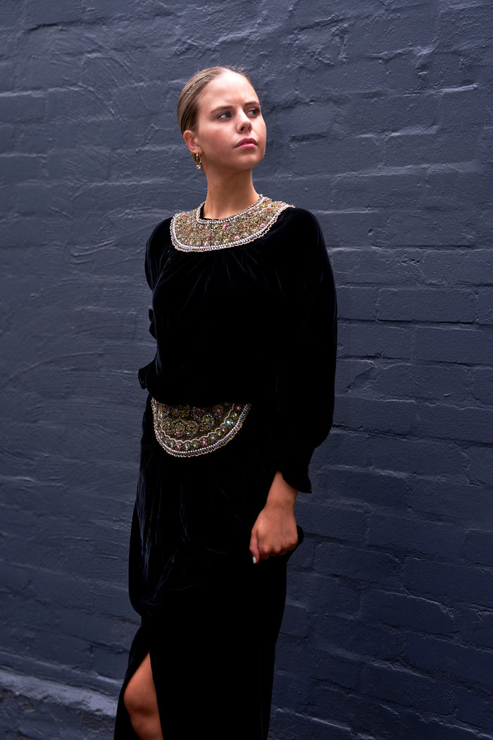 1980s Oscar De La Renta Black Velvet Rhinestone Two Piece Midi Dress image 1