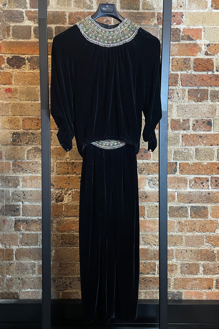 1980s Oscar De La Renta Black Velvet Rhinestone Two Piece Midi Dress image 2