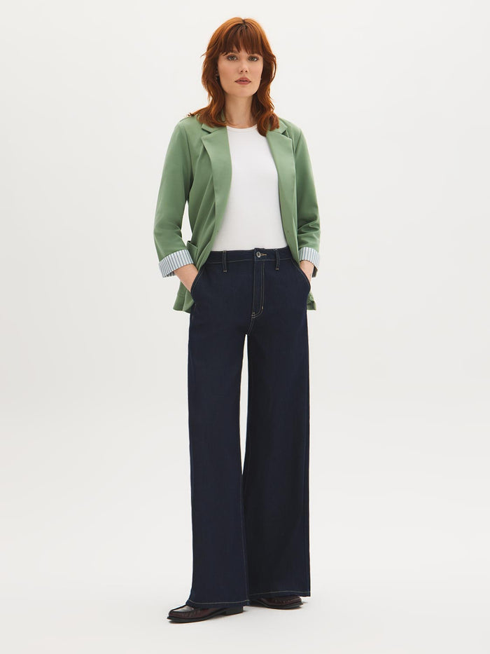 Lilac knit blazer with 3/4 sleeves and striped cuff lining, featuring patch pockets by Le Chateau.