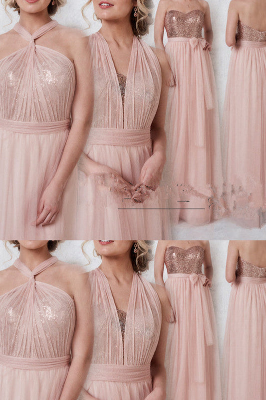 A-Line Rose Gold Bridesmaid Dress with Lace Up