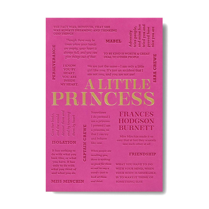 A pink poster featuring the title 'A LITTLE PRINCESS' in large gold letters, surrounded by smaller gold text and names including Mabel, Sarah Greene, Frances Hodgson Burnett, and Miss Minchin on a white background.