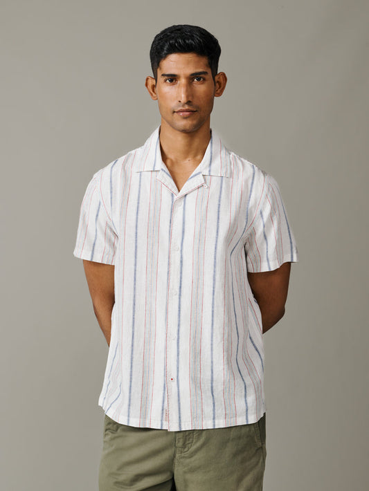 Aubin White Mix Stripe Abbey Cuban Collar Short Sleeved Shirt | Short Sleeve Shirt