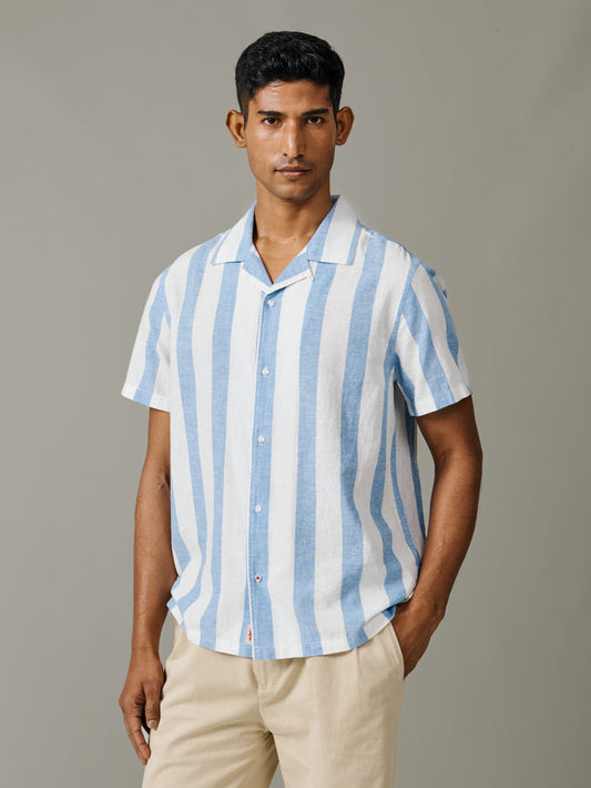 Aubin Wide Blue Stripe Abbey Cuban Collar Short Sleeved Shirt | Short Sleeve Shirt