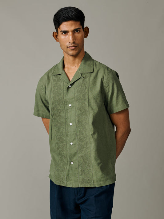 Aubin Khaki Embroidery Abbey Cuban Collar Short Sleeved Shirt | Short Sleeve Shirt