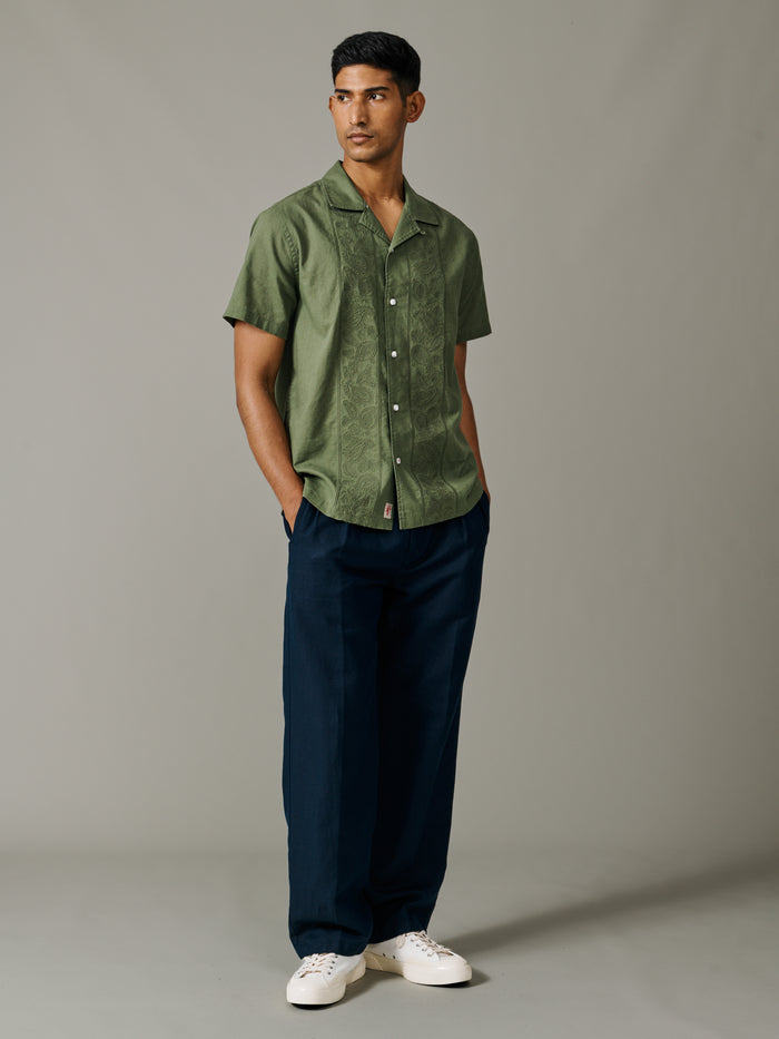 Aubin Khaki Embroidery Abbey Cuban Collar Short Sleeved Shirt | Short Sleeve Shirt