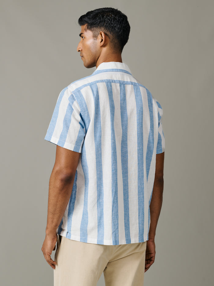 Aubin Wide Blue Stripe Abbey Cuban Collar Short Sleeved Shirt | Short Sleeve Shirt