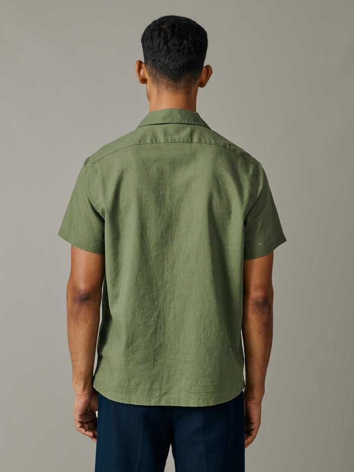 Aubin Khaki Embroidery Abbey Cuban Collar Short Sleeved Shirt | Short Sleeve Shirt