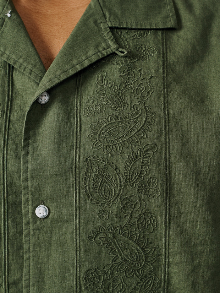 Aubin Khaki Embroidery Abbey Cuban Collar Short Sleeved Shirt | Short Sleeve Shirt