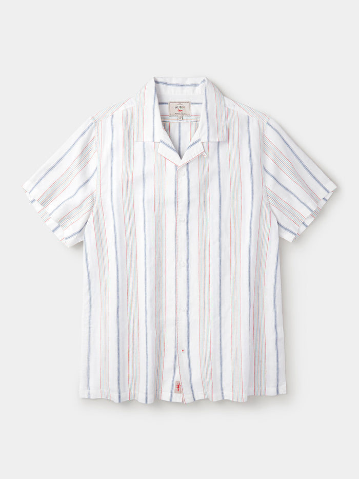 Aubin White Mix Stripe Abbey Cuban Collar Short Sleeved Shirt | Short Sleeve Shirt
