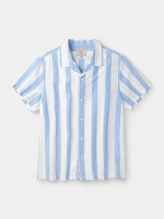 Aubin Wide Blue Stripe Abbey Cuban Collar Short Sleeved Shirt | Short Sleeve Shirt