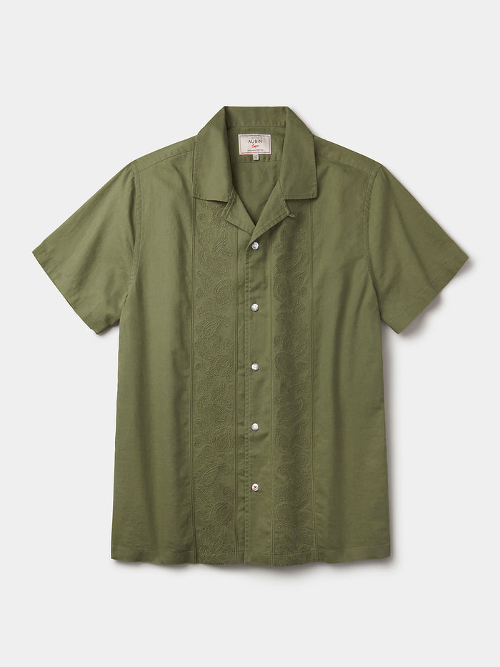 Aubin Khaki Embroidery Abbey Cuban Collar Short Sleeved Shirt | Short Sleeve Shirt