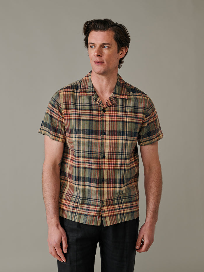 Aubin Khaki Check Abbots Cuban Collar Shirt | Short Sleeve Shirt
