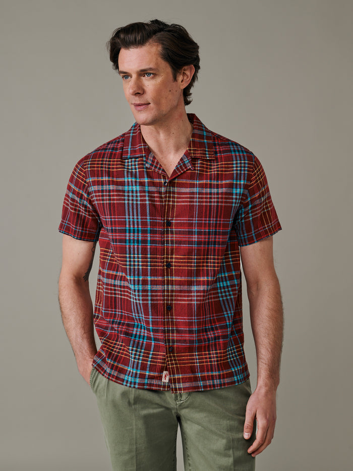 Aubin Red Check Abbots Cuban Collar Shirt | Short Sleeve Shirt