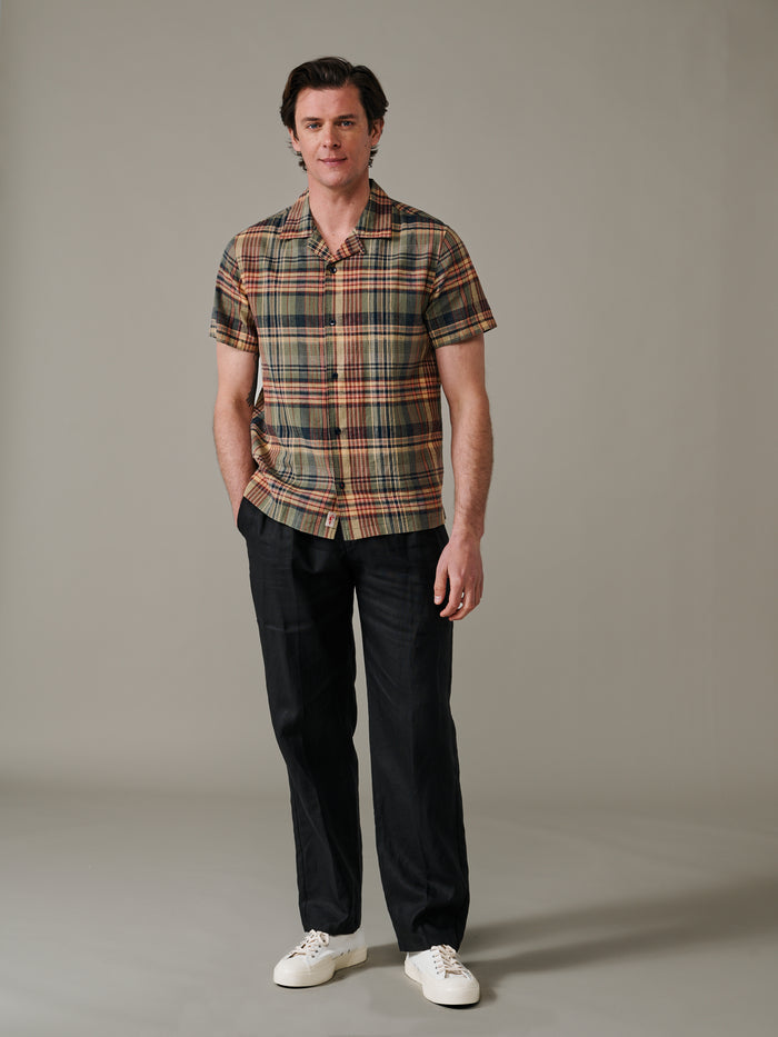 Aubin Khaki Check Abbots Cuban Collar Shirt | Short Sleeve Shirt