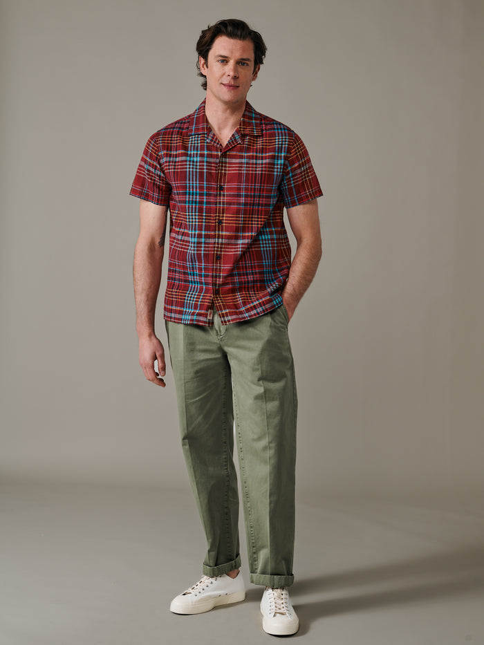 Aubin Red Check Abbots Cuban Collar Shirt | Short Sleeve Shirt