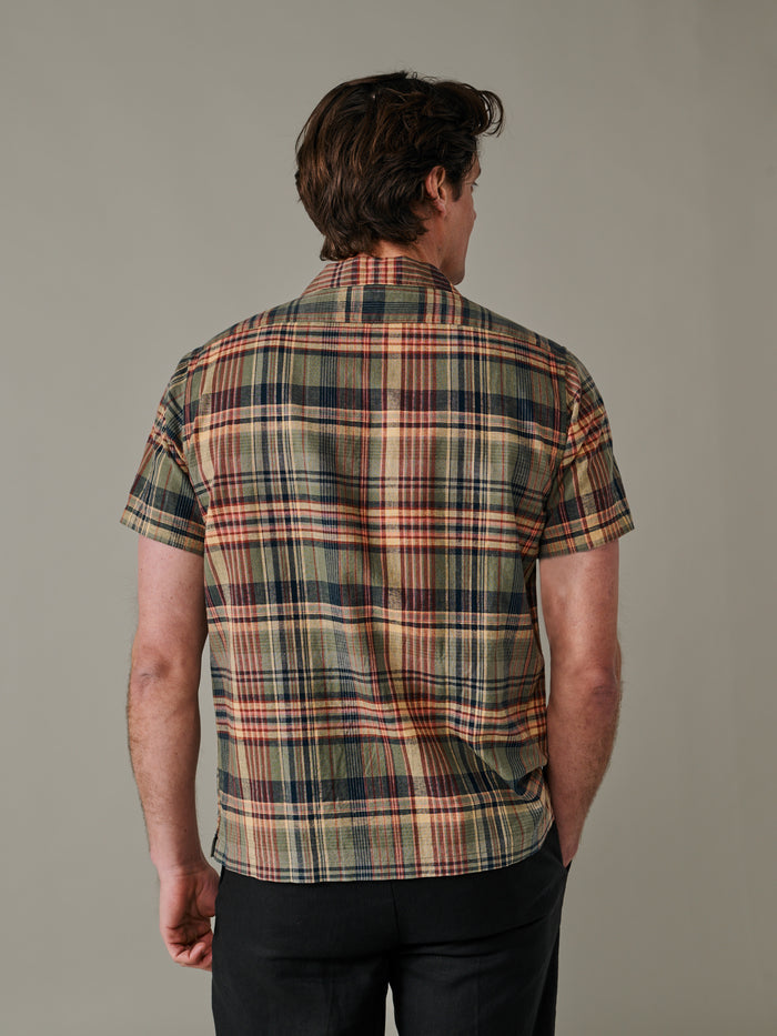 Aubin Khaki Check Abbots Cuban Collar Shirt | Short Sleeve Shirt