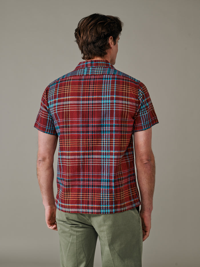 Aubin Red Check Abbots Cuban Collar Shirt | Short Sleeve Shirt