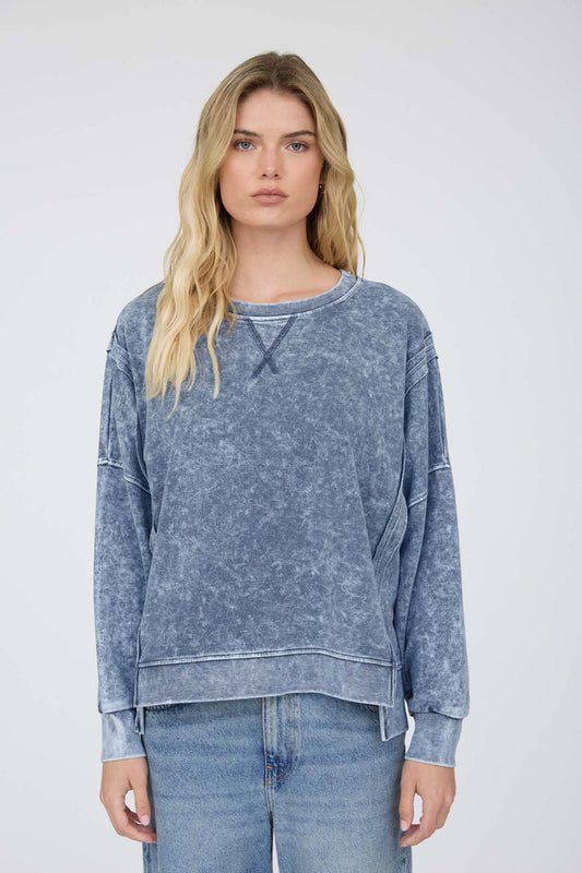 Acid Wash Long Sleeve Side Slit Knit Top