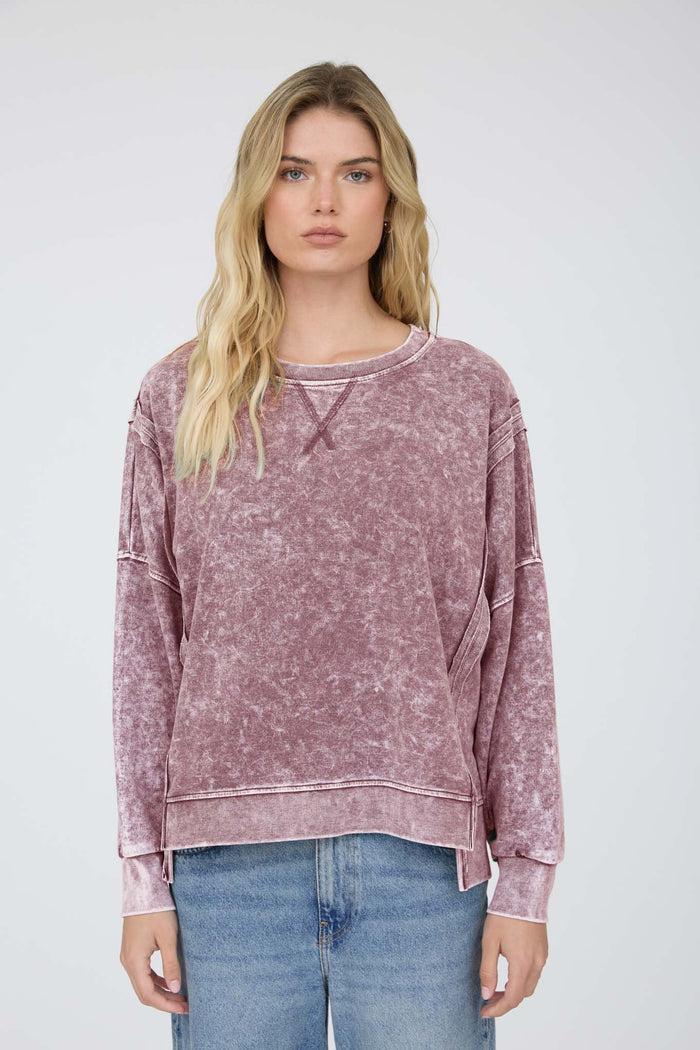 Acid Wash Long Sleeve Side Slit Knit Top
