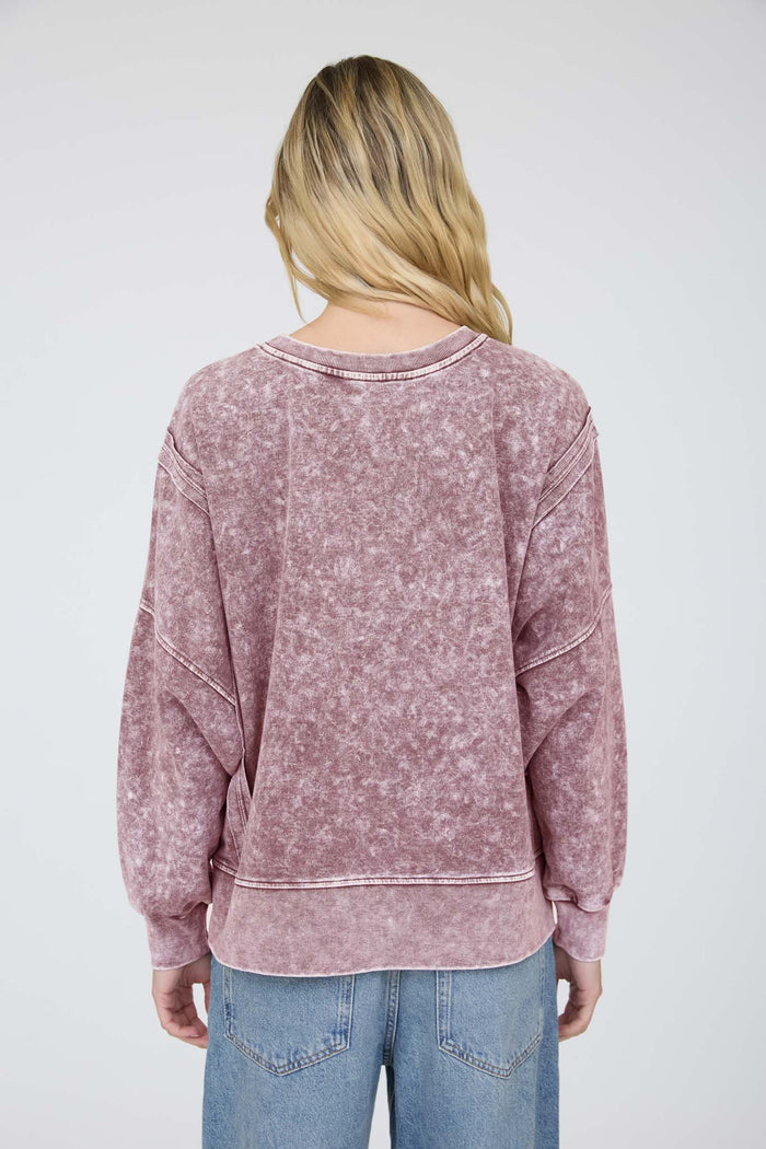 Acid Wash Long Sleeve Side Slit Knit Top