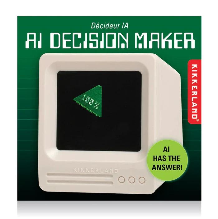 Product packaging for 'AI Decision Maker' by Kikkerland on a green background