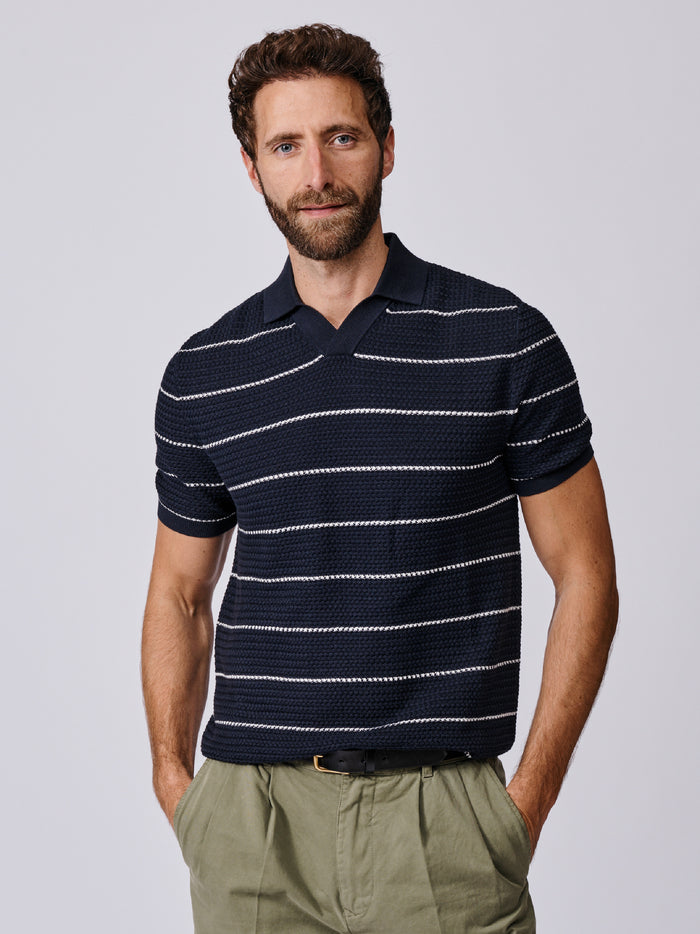 Aubin Navy/Ecru Stripe Alford Textured Polo | Knitted Polo