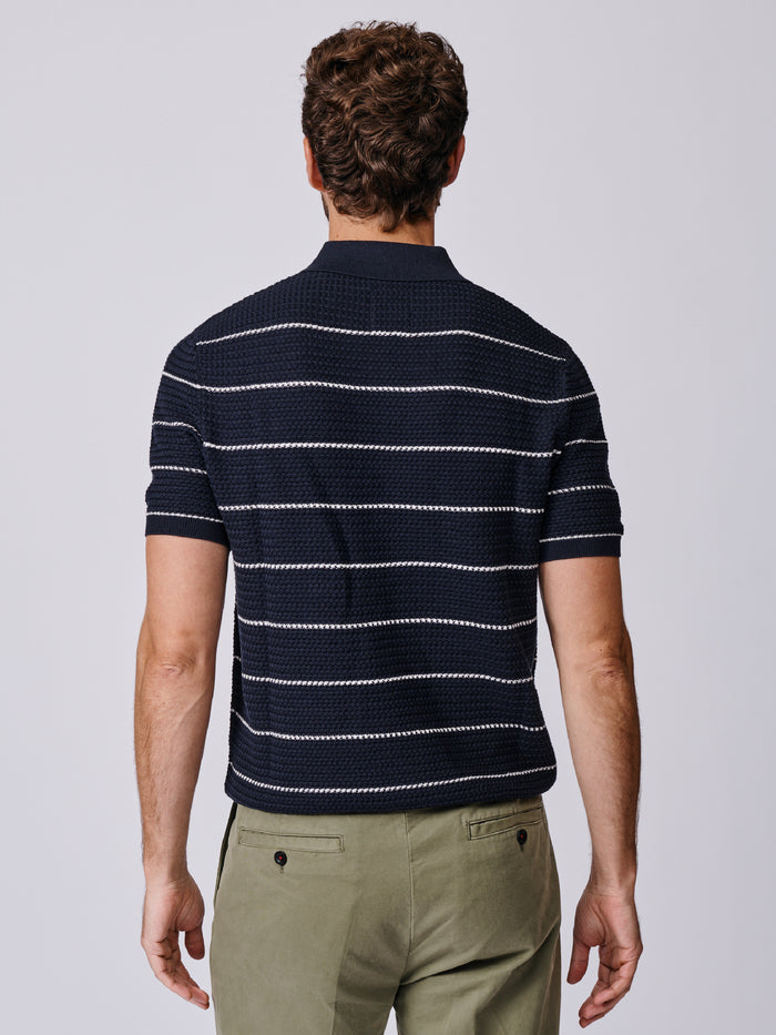 Aubin Navy/Ecru Stripe Alford Textured Polo | Knitted Polo