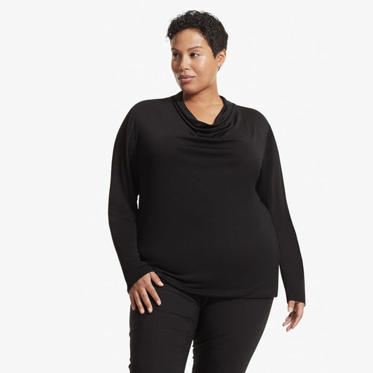 Front image of a woman standing wearing the Alma top in Black | Lead
