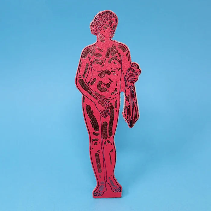A leather bookmark shaped as the classical Aphrodite statue, rendered in hot pink with dark magenta metallic block shading and details.
