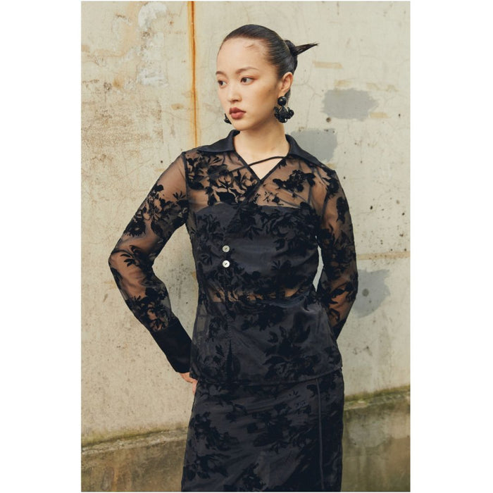 SALE7 Blue Dot Folding Original Design Black Plush Flower Organza V neck Shirt Half Skirt Set image 0