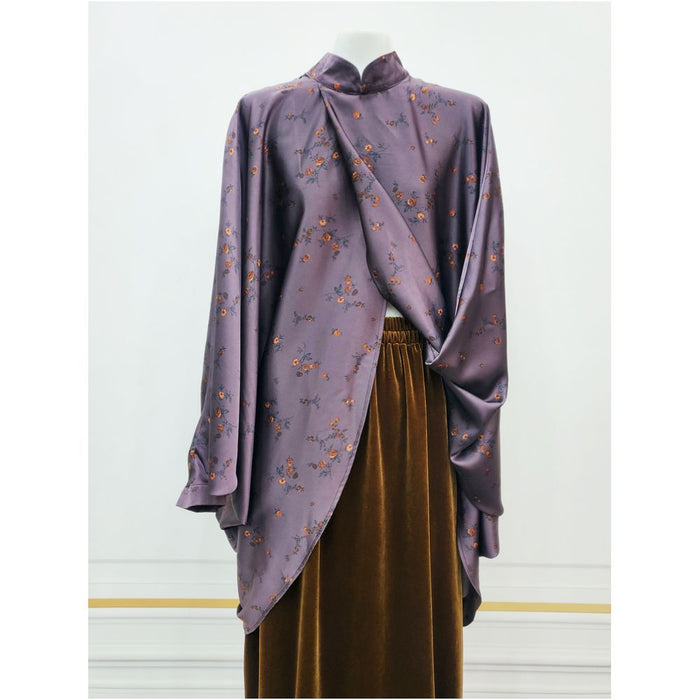 HOGU STUDIO Independent Brand Deep Purple Small Flower New Chinese Cross Bat Shirt 9010 image 0