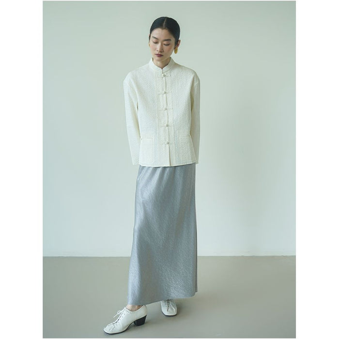 PaleBlueDot Original Design New Chinese White Stripe Button Quilted Shirt Autumn Winter image 4