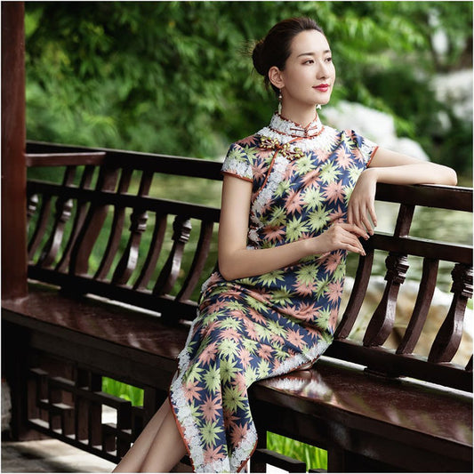 Asaya1466 - Handmade silk cheongsam mulberry silk satin long cheongsam dress