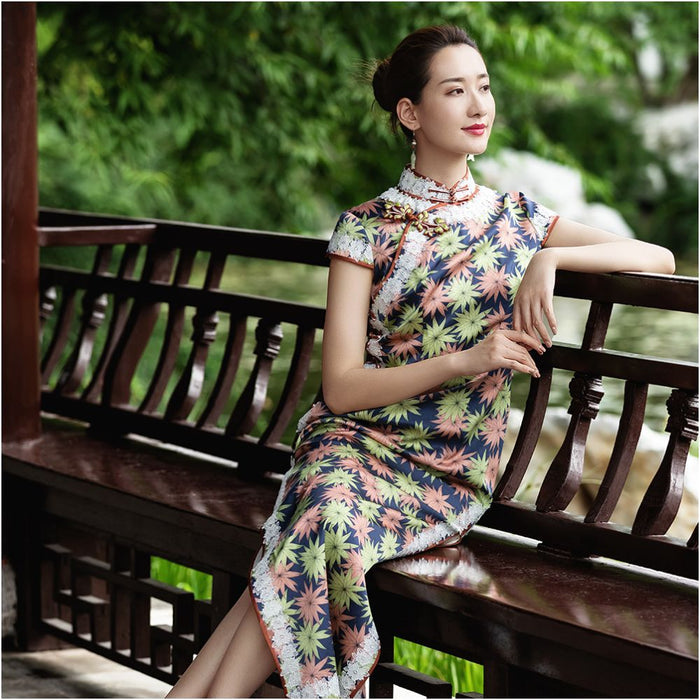 High end heavy duty handmade silk cheongsam young style mulberry silk satin long cheongsam dress image 3