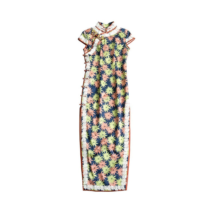 High end heavy duty handmade silk cheongsam young style mulberry silk satin long cheongsam dress image 5