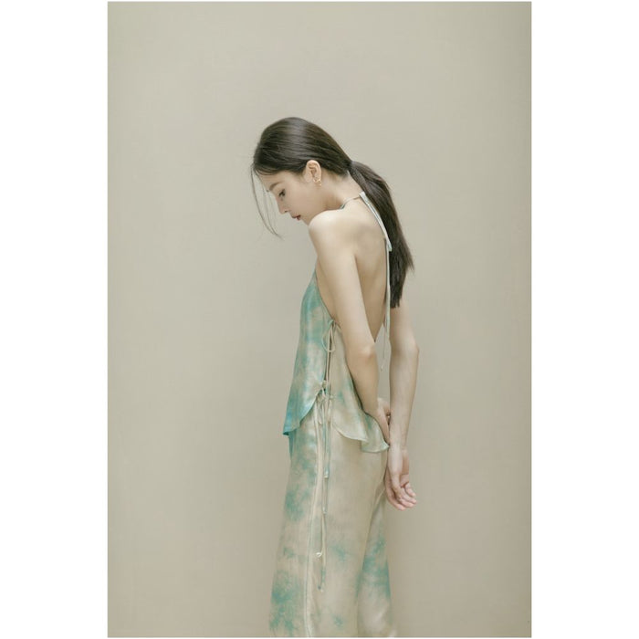 SAKINAWANG 2021SS Summer Original Design Silk Tie Dyeing Neck Strap Open Back Top Color image 1