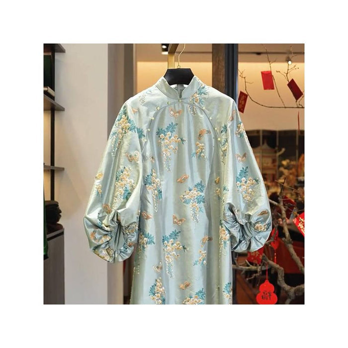 2025 Spring New Chinese Style Three quarter Sleeve Midi Skirt Women s Chic Jacquard Skirt Dress image 0