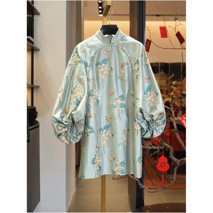 2025 Spring New Chinese Style Three quarter Sleeve Midi Skirt Women s Chic Jacquard Skirt Dress image 1