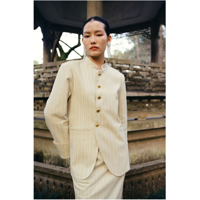 PaleBlueDot Original Design New Chinese Striped Stand up Collar Zhongshan Suit Half Skirt Set image 1