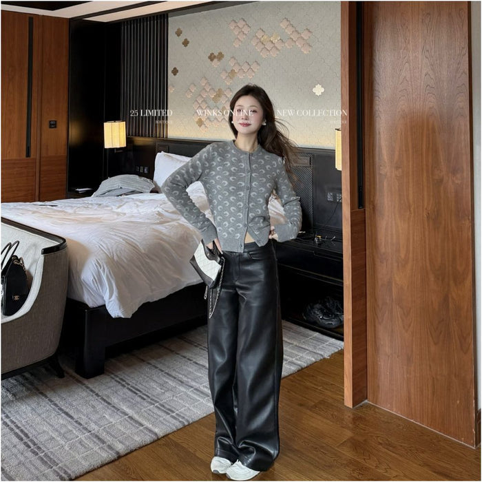 0104 Correct Version Development Niche Full Moon Jacquard Wool Blended Round Neck Knitted Cardigan image 4