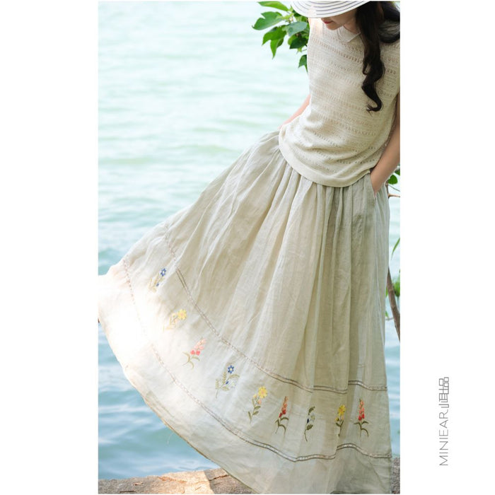 Xiao Er s 100 Ramie Lined Herbal Embroidered Retro Forest Style Artistic Versatile Strap Skirt image 2
