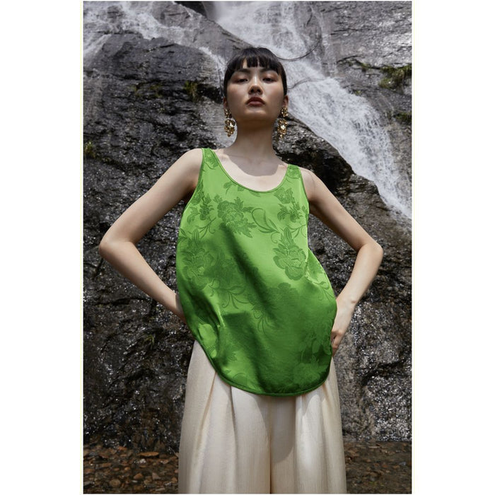 PaleBlueDot Summer Fashion Designer Forest Green Acetate Jacquard U neck Tank Top Strap image 1