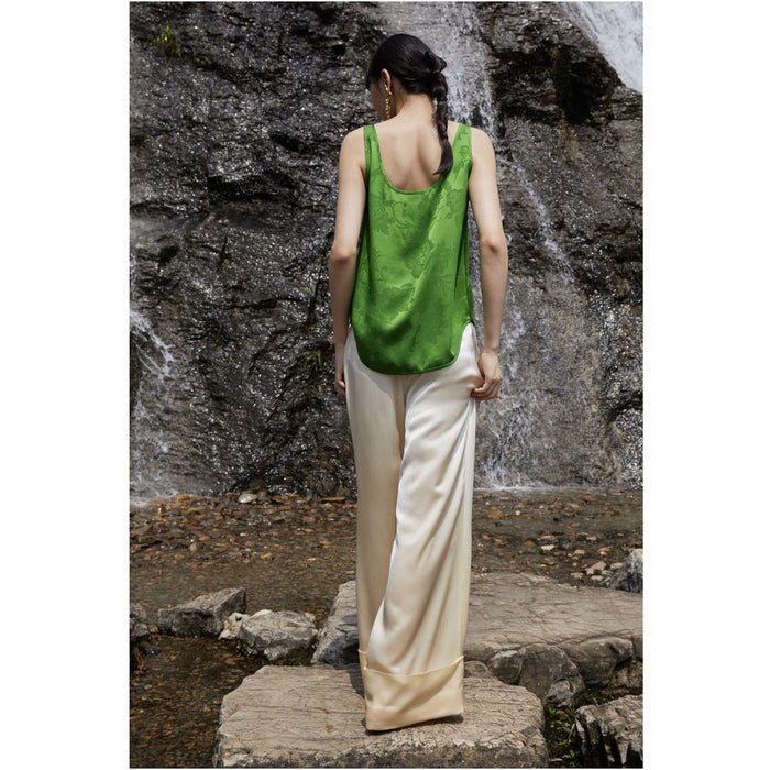 PaleBlueDot Summer Fashion Designer Forest Green Acetate Jacquard U neck Tank Top Strap image 2