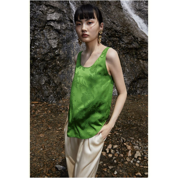 PaleBlueDot Summer Fashion Designer Forest Green Acetate Jacquard U neck Tank Top Strap image 3
