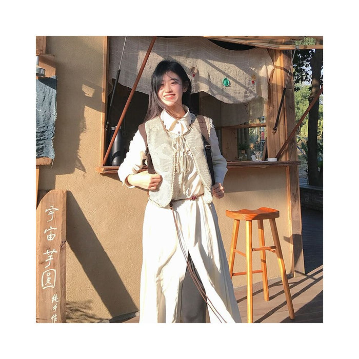 Celebrity Style MSLAN25 Autumn Retro Jacquard Artistic Tie up Hollow out Knitted Vest MHAW090 image 1