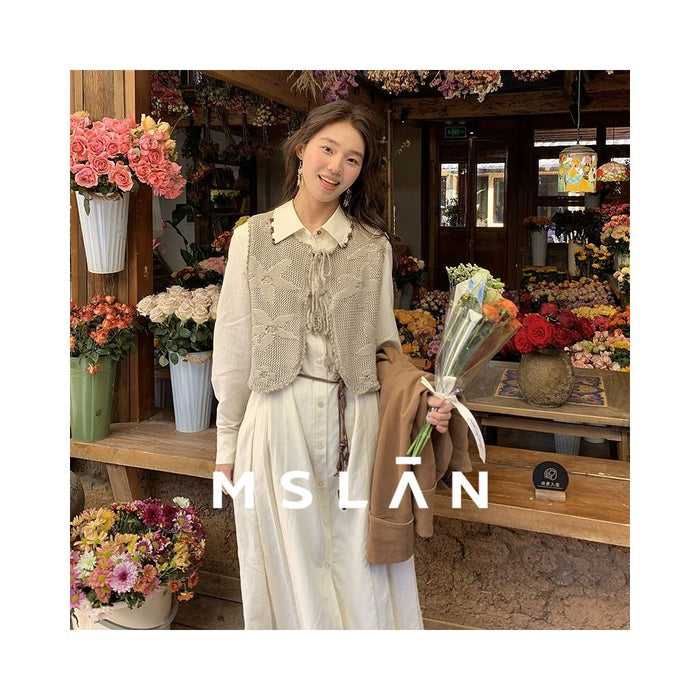 Celebrity Style MSLAN25 Autumn Retro Jacquard Artistic Tie up Hollow out Knitted Vest MHAW090 image 2
