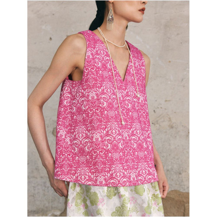 PaleBlueDot Summer Fashion Designer V neck Jacquard Rose Red A line Tank Top Vest image 1