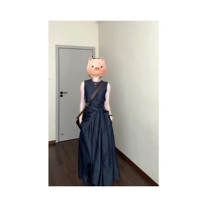 LOAMAR STUDIO Retro Sleeveless Strapped Sleeveless Hidden Blue Denim Top Skirt Set for Women 2025 image 3