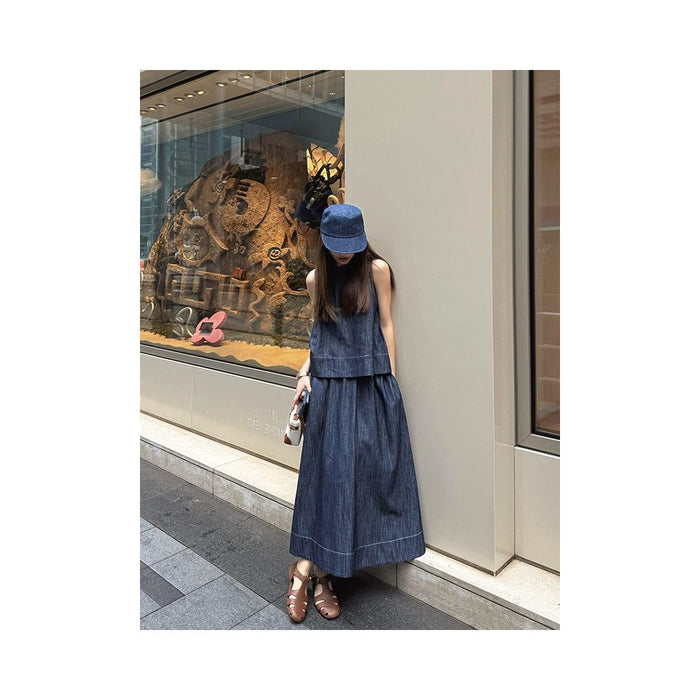 LOAMAR STUDIO Retro Denim Blue Round Neck Sleeveless Top Skirt Two Piece Set for Women 2025 Summer image 0