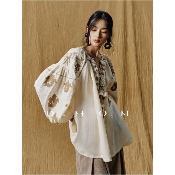 DMON South French Holiday 100 Linen Dress Top Heavy Embroidery Showcases Romantic Style image 3